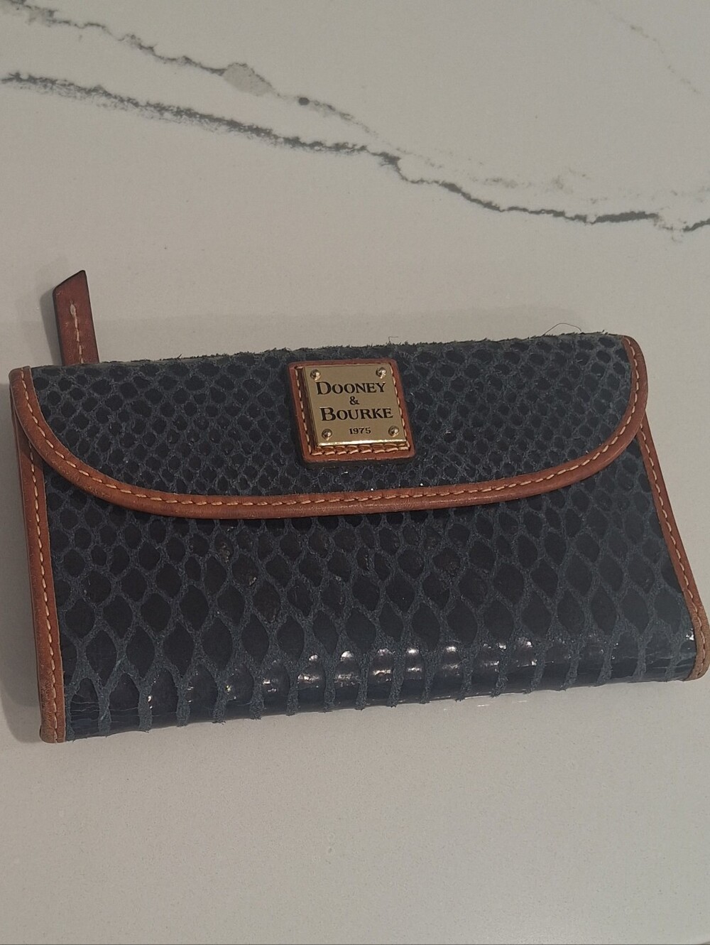 Dooney & Bourke -- Navy Textured Continental Wallet with Brown Trim